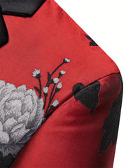 A red men's blazer featuring a black lapel and a white floral motif pattern.