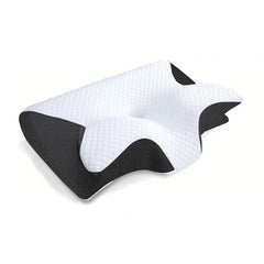 An ergonomic memory foam cervical pillow with a white quilted top and black mesh sides.