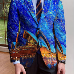 A men's single-breasted blazer featuring an all-over print of the Sydney Opera House at night.