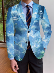 A men's single-breasted blazer featuring an all-over blue landscape print and notch lapels.