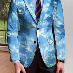 A men's single-breasted blazer featuring an all-over blue and white abstract landscape print.
