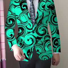A slim-fit men's blazer featuring a vibrant green and black geometric swirl pattern.