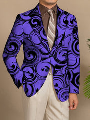 A men's slim-fit blazer featuring a purple and black geometric swirl pattern with a notched lapel.