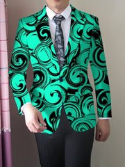 A men's slim-fit blazer featuring a vibrant green and black geometric swirl pattern.