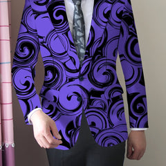 A men's slim-fit blazer in purple with a black geometric swirl pattern and button closure.