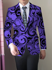 A men's slim-fit blazer featuring a purple and black geometric swirl pattern with button details.