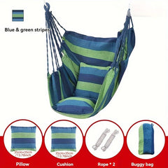 A blue and green striped canvas hammock chair with a matching pillow, cushion, ropes, and bag.