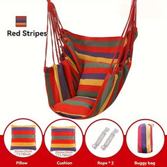A red striped canvas hammock chair with a matching pillow, cushion, two ropes, and a storage bag.