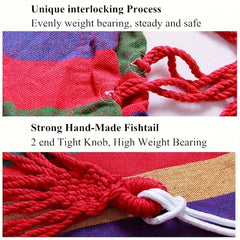 A close-up view of a colorful canvas hammock showing the reinforced rope attachment points and the hand-woven fishtail knot.