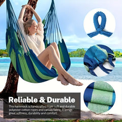 A blue and green striped canvas hammock chair hangs from a tree, shown with close-up detail shots.