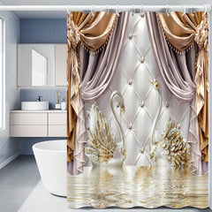 1pcs Golden Floral Swan Printed Shower Curtain Set, Waterproof Bathroom Partition Curtain With Hooks, Bathroom Accessories, Aesthetic Room Decor - SHOWLU FASHION STORE