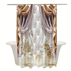 1pcs Golden Floral Swan Printed Shower Curtain Set, Waterproof Bathroom Partition Curtain With Hooks, Bathroom Accessories, Aesthetic Room Decor - SHOWLU FASHION STORE