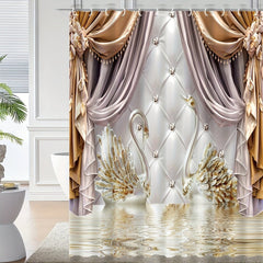 1pcs Golden Floral Swan Printed Shower Curtain Set, Waterproof Bathroom Partition Curtain With Hooks, Bathroom Accessories, Aesthetic Room Decor - SHOWLU FASHION STORE