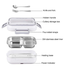 An exploded view of an electric lunch box with a stainless steel liner, cutlery, and heating base.