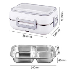 A white electric lunch box with a removable stainless steel tray and its dimensions labeled.