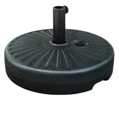 A round black plastic umbrella base with a central pole holder and a fill cap.