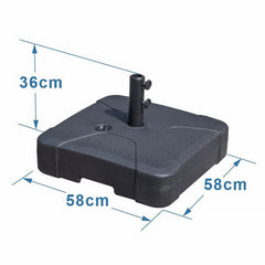 A black square umbrella base with a central pole, measuring 58cm by 58cm by 36cm.