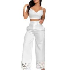 2 Piece Sets Womens Outifits 2024 Casual V - Neck Cami Crop Tops & White Fashion Hollow Out Wide Leg High Waist Pants Suits Female - SHOWLU FASHION STORE