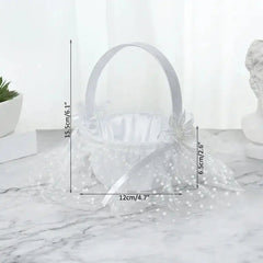 Showlu Fashion Store H03 20 cm White Flower Girls Basket Silk Wedding Basket for Flower Bride/Kids Hand Held Wedding Ceremony Party Decorations