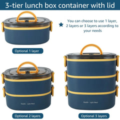 A blue and yellow three-tier stackable lunch box with a handle and lid.