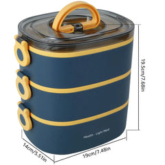 A three-layer oval blue and yellow bento lunch box with a carrying handle and dimensions labeled.