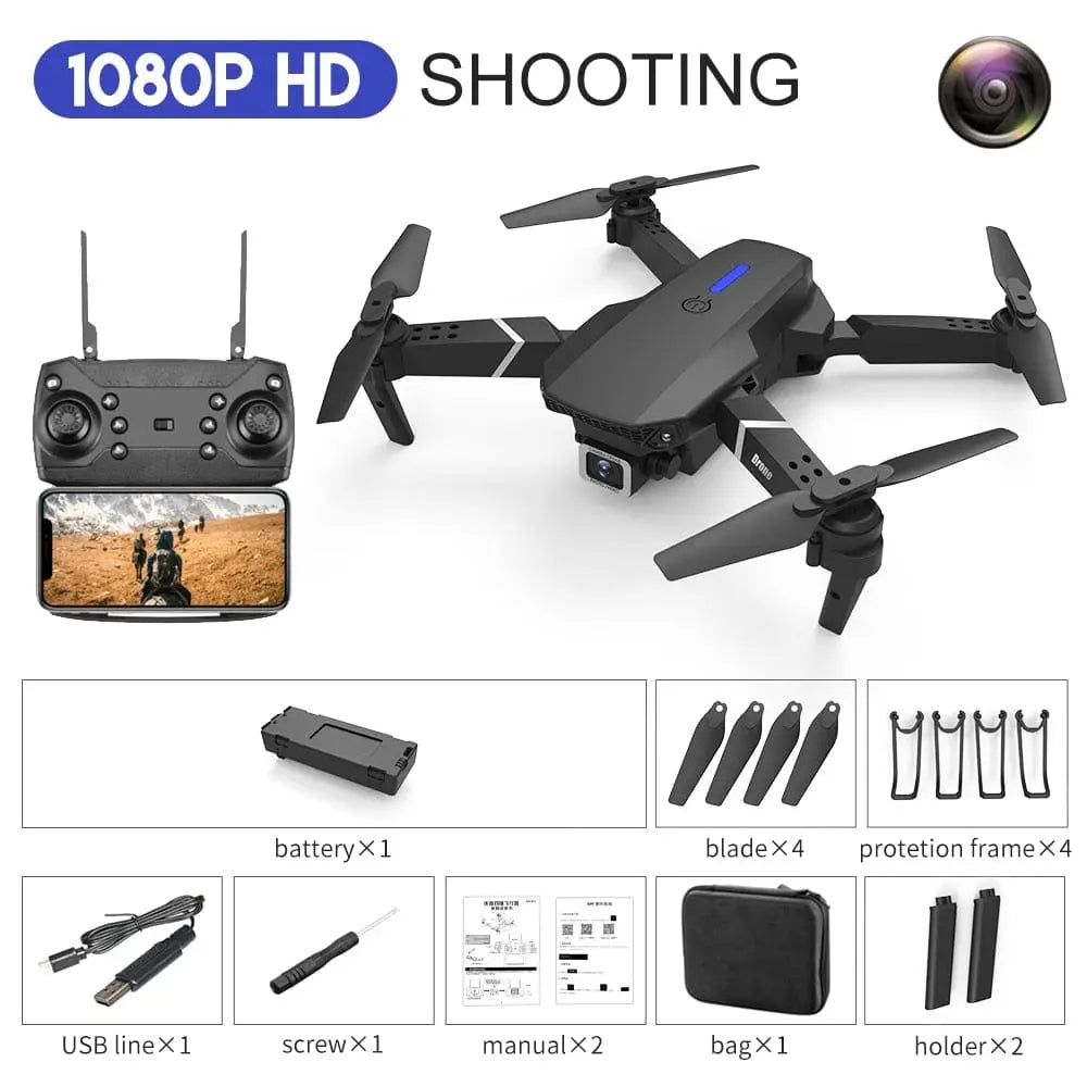 The 2022 E88Pro RC Drone is a black, foldable helicopter with 4K and 1080P wide-angle HD camera, remote with smartphone holder, battery, blades, protection frames, USB cable, screwdriver, manual, carrying bag—perfect for FPV and pro-level shooting.