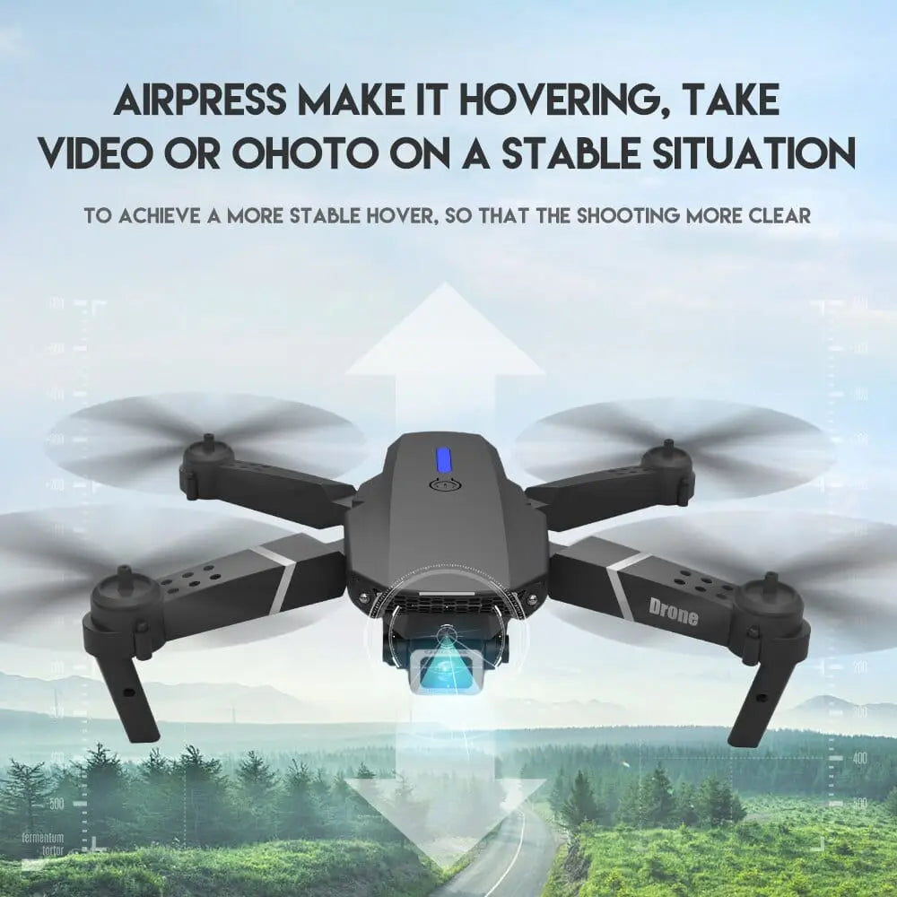The 2022 E88Pro RC Drone features a 4K professional wide-angle HD camera and stable hovering, perfect for capturing stunning aerial views of trees and hills with its foldable design and WIFI FPV.