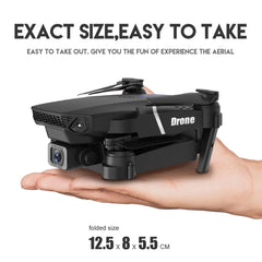 A hand holds the 2022 E88Pro RC Drone 4K Professional with a 1080P wide-angle HD camera, perfect for aerial photography. EXACT SIZE, EASY TO TAKE – folded size: 12.5 x 8 x 5.5 cm. Features WiFi FPV and supports 4K HD video recording.