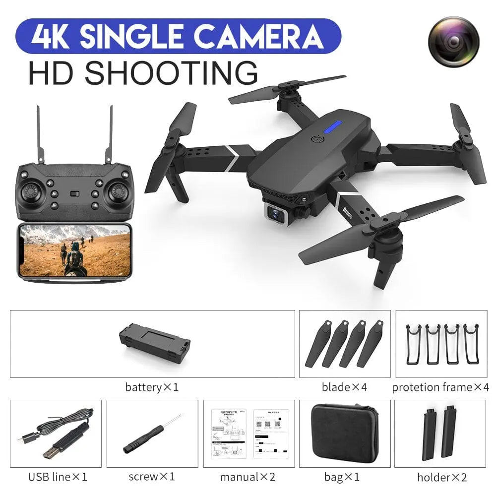 The 2022 E88Pro RC Drone features a foldable design, 4K professional HD wide-angle camera, WIFI FPV, height hold, remote controller with smartphone display, 4 propellers, battery, USB cable, screwdriver, manual, carry bag & protection frames.