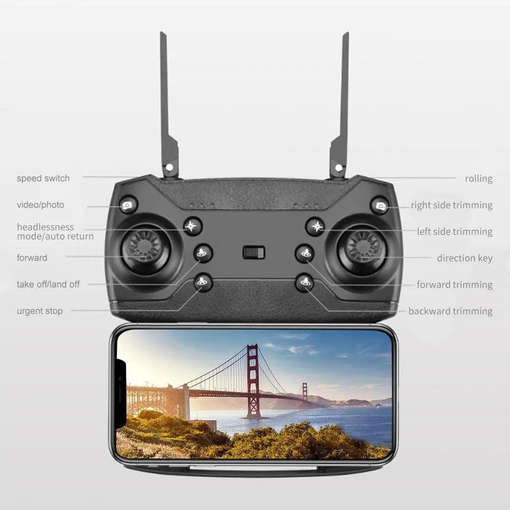 The 2022 E88Pro RC Drone 4K Professional remote controller is shown above a smartphone featuring a wide-angle HD aerial view of the Golden Gate Bridge, captured by its foldable WIFI FPV camera under sunny skies.