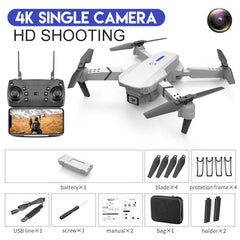 The 2022 E88Pro RC Drone 4K Professional kit includes a foldable helicopter, remote controller, battery, 4 blades, protection frames, USB cable, screw, manual, bag, and phone holder—perfect for aerial photography with wide-angle HD camera.
