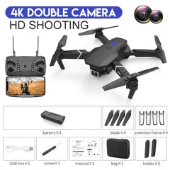 The 2022 E88Pro RC Drone kit includes a foldable 4K HD camera drone, remote with phone holder, battery, USB cable, screwdriver, extra blades, protection frames, manual, carrying bag & holders—perfect for aerial photography and wide-angle video recording.