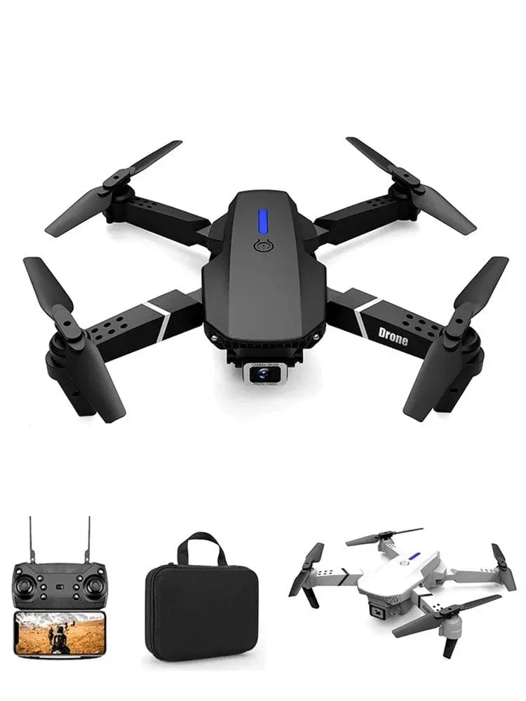 The 2022 E88Pro RC Drone is a foldable black drone with a 4K professional camera and 1080P wide-angle HD video, perfect for aerial photography. Includes remote control, carrying case, and comes in white as well.