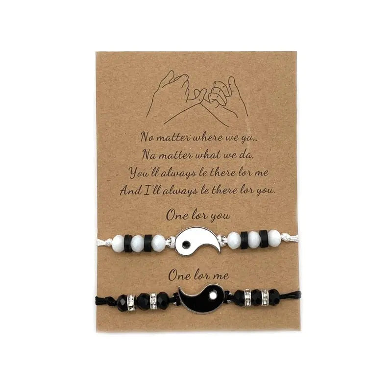 Two matching 2022 New Best Friend Yin Yang adjustable cord bracelets for friends or couples on a card with a pinky promise drawing and the message: “No matter where we go… I’ll always be there for you. One for you, One for me.”.