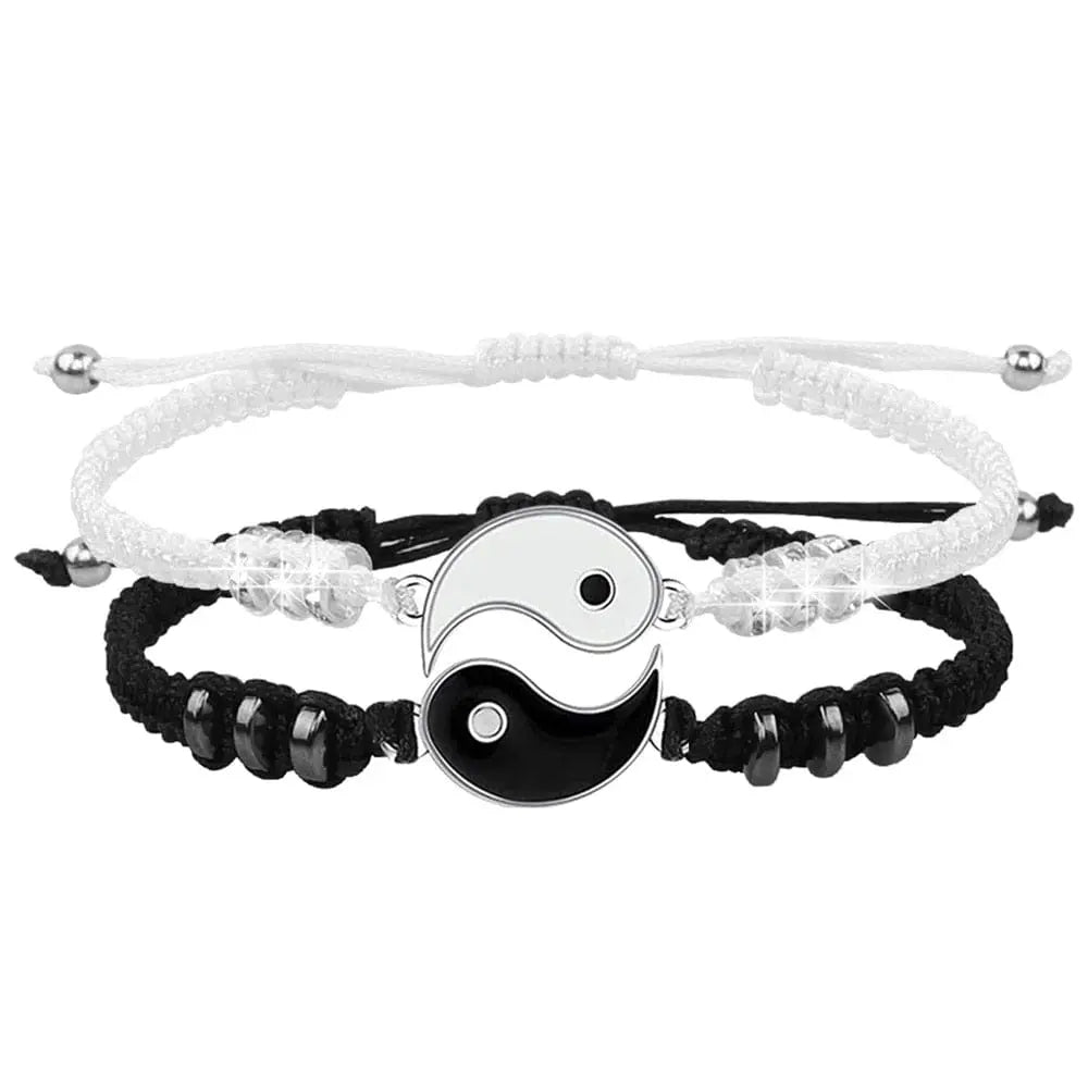The 2022 New Best Friend Bracelets for 2 feature matching black and white adjustable cord bracelets, each with a yin-yang centerpiece, side beads, and metallic cord ends—perfect for BFFs, couples, or friendships.