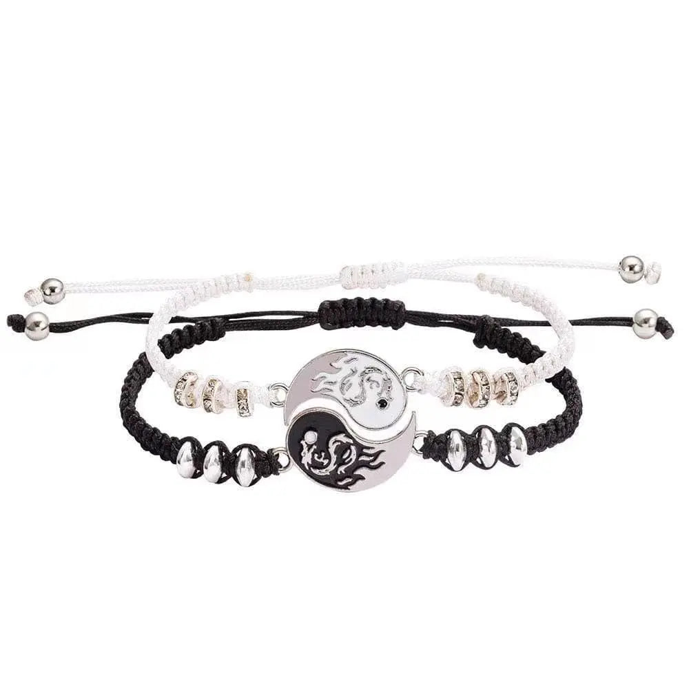 The 2022 New Best Friend Bracelets for 2 are matching Yin Yang adjustable cord bracelets, featuring black and white woven cords, silver beads, and round sun and moon pendants—perfect fashion jewelry for best friends or couples.