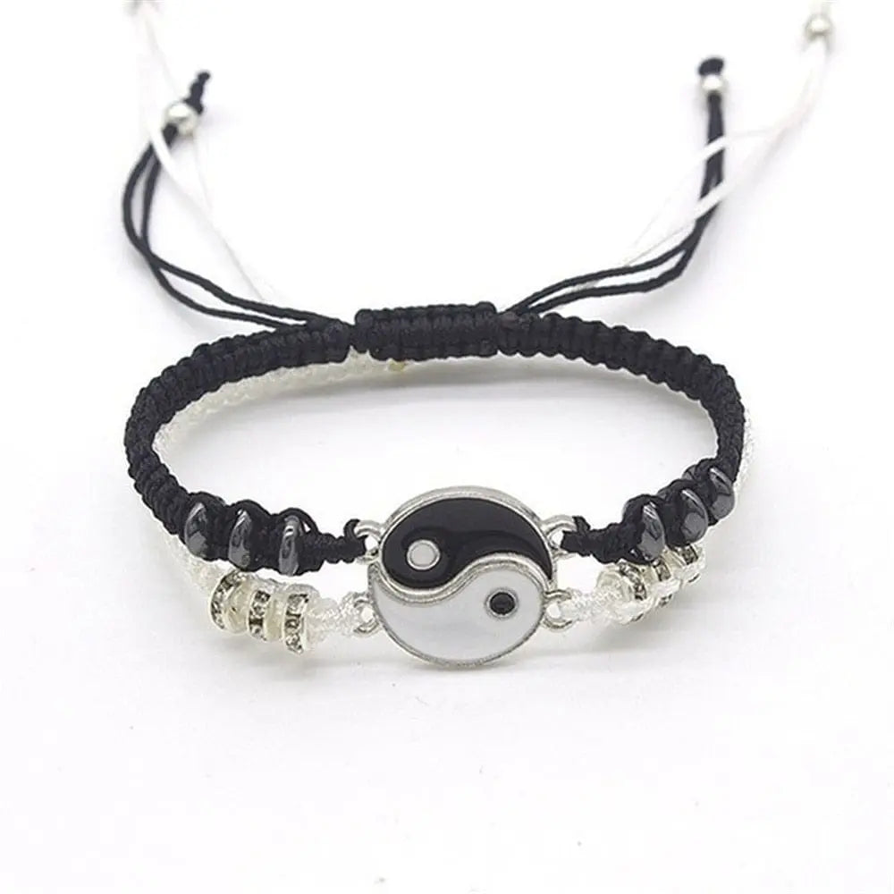 The 2022 New Best Friend Bracelets for 2 feature matching black and white adjustable cord bracelets with yin-yang symbols and decorative beads, perfect as BFF, friendship, or couple bracelets. Sliding knots allow easy size adjustment.
