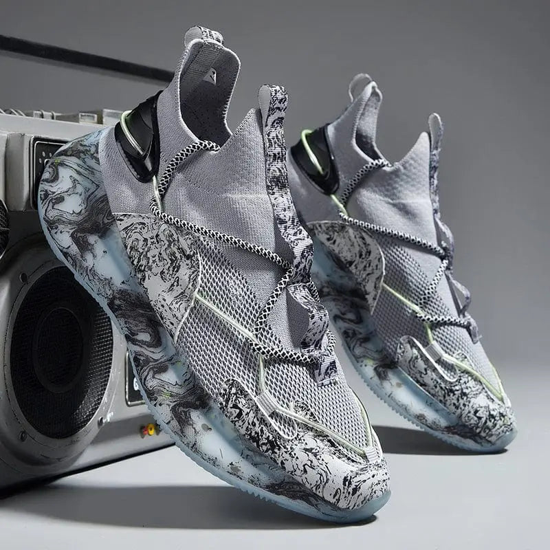 The 2022 Top Sale Fashion Sneaker features breathable mesh uppers, marbled black-and-white soles, and translucent accents, shown by a vintage boombox on a gray background for a stylish urban look.