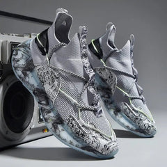 The 2022 Top Sale Fashion Sneaker features breathable mesh uppers, marbled black-and-white soles, and translucent accents, shown by a vintage boombox on a gray background for a stylish urban look.
