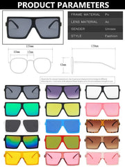 A collection of square-framed children's sunglasses in various colors with size specifications.