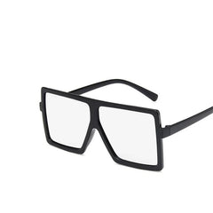 A pair of black square-framed sunglasses for children with clear lenses.