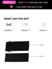 The set includes a pair of square children's sunglasses, a black storage pouch, and a cleaning cloth.