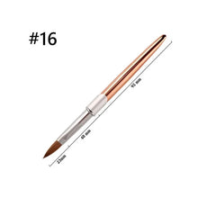 A round acrylic nail brush with a metallic gold handle and kolinsky hair bristles.