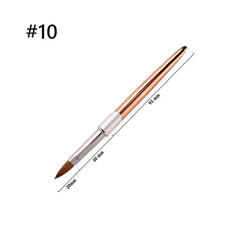A size 10 Kolinsky acrylic nail brush with a rose gold metal handle and silver ferrule.