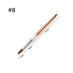 A size 8 Kolinsky acrylic nail brush with a metallic gold handle and silver ferrule.