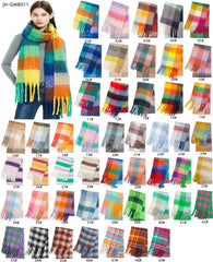 A woman wears a colorful plaid scarf next to a grid of forty-nine different plaid scarf patterns.