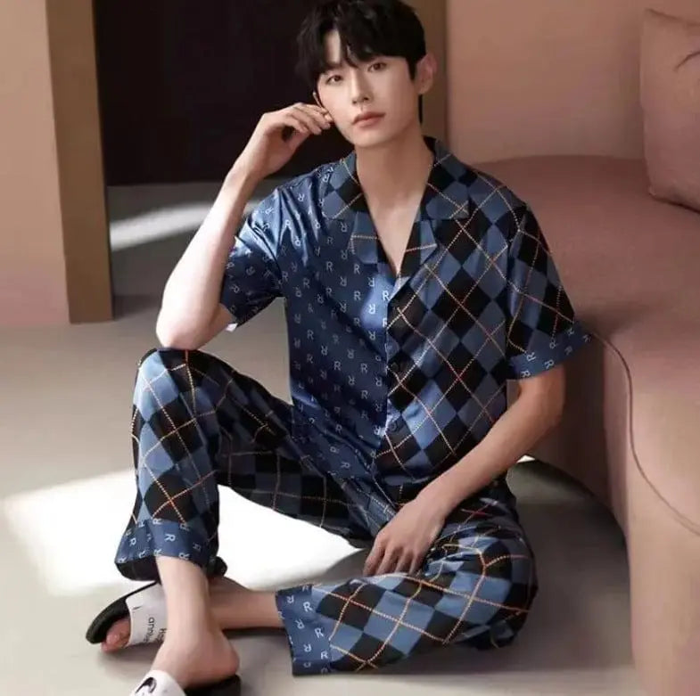 Showlu Fashion Store XL / navy short Sleeve 2023 Fashion Design Gingham Family Mens Sleepwear Homewear Luxury Contrast Color Urban Leisure Comfortable Pajama Set