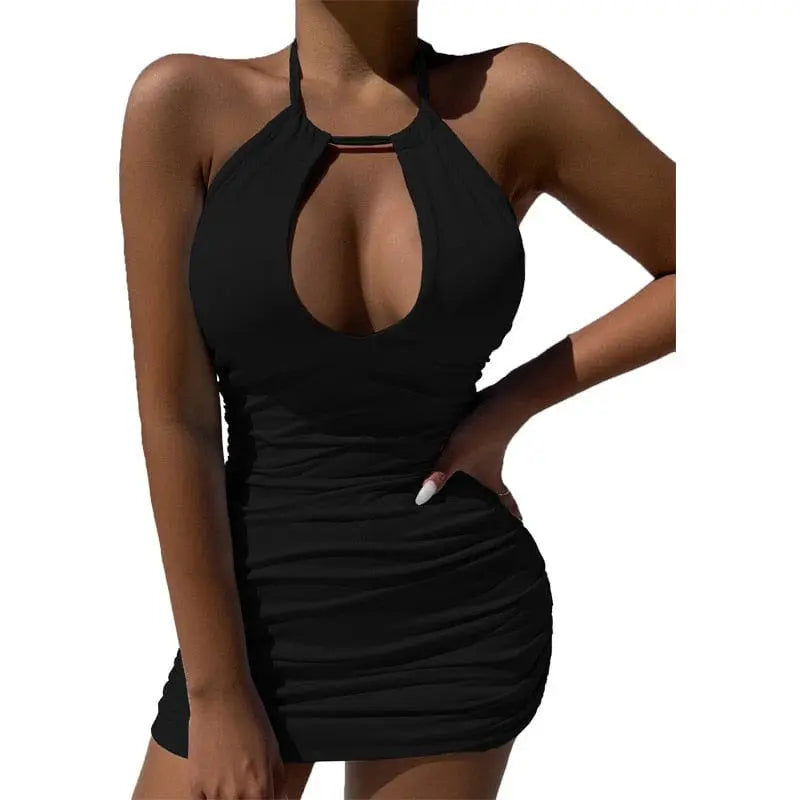 A woman models the 2023 Summer Party Dress—a sexy, elegant women’s solid halter mini with a front cutout and slim fit—posing confidently against a white background.