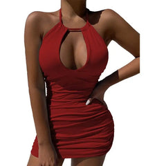 A woman models the 2023 Summer Party Dress—an elegant, sexy red bodycon mini with a halter neckline and front hollow cutout—posing with one hand on her hip against a plain white background.