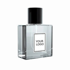 A rectangular glass perfume bottle with a black cap and a white label for custom branding.